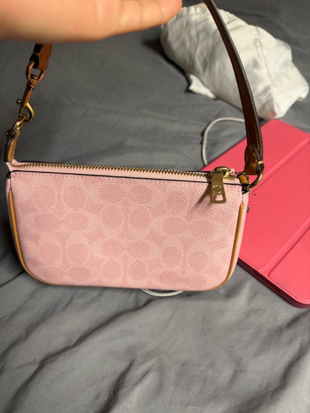 Coach Pink Signature Mini Shoulder Bag with Tan Trim - Picture 2 of 4